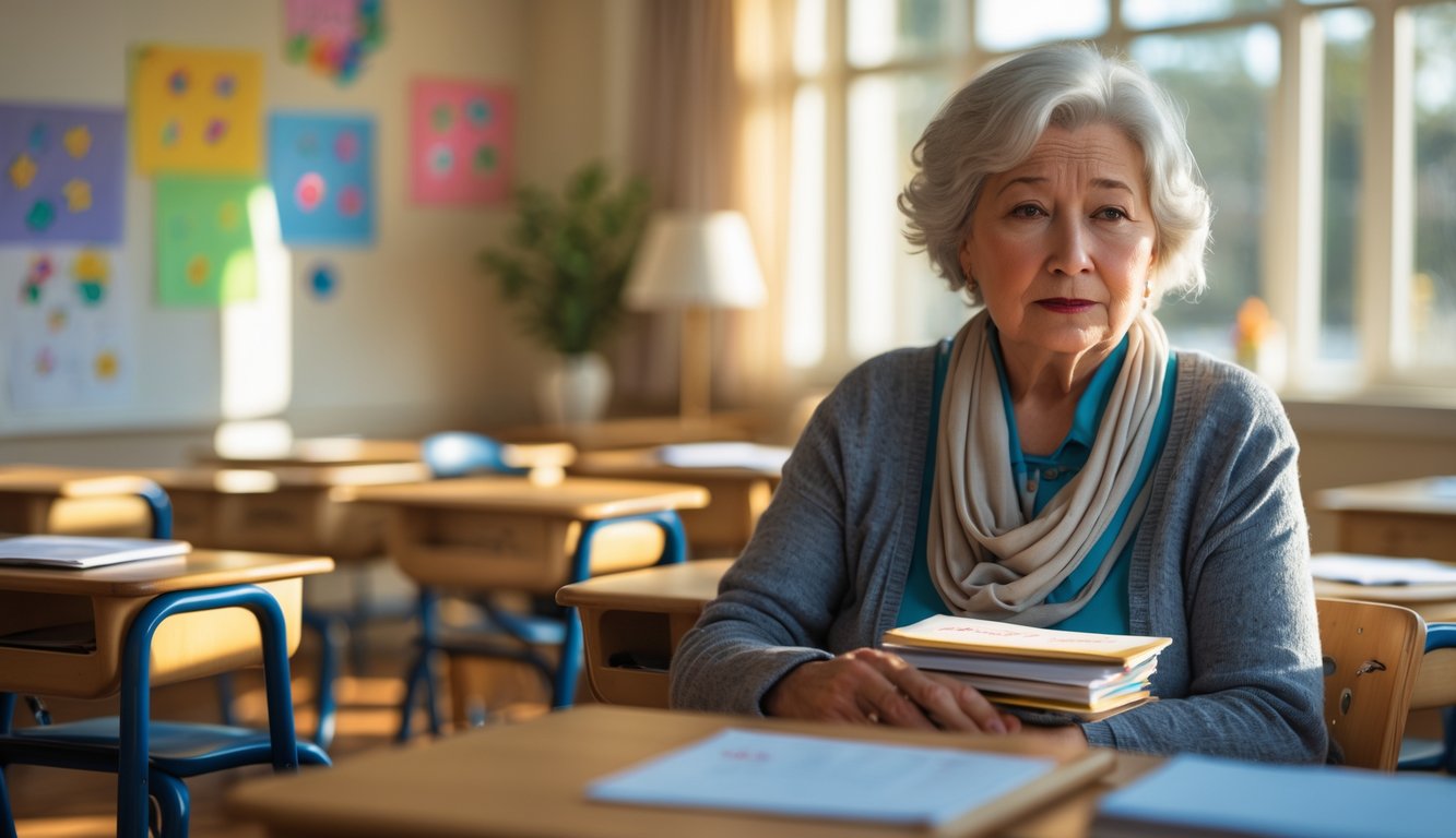 An older teacher sitting alone in an empty classroom, looking thoughtful and nostalgic.