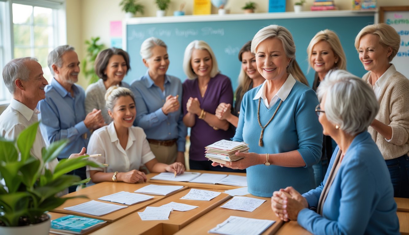 A smiling older teacher surrounded by adult former students in a bright classroom, sharing a warm moment of gratitude and connection.