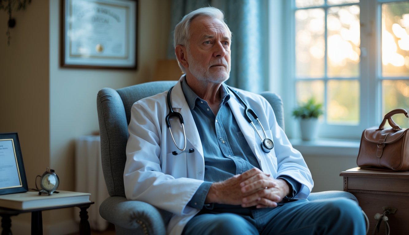An elderly male doctor sits alone in a cozy living room, holding a stethoscope and looking thoughtfully out a window.