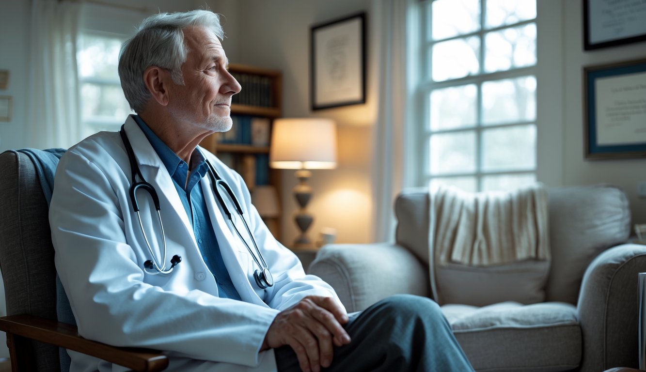 An elderly male doctor sitting thoughtfully in a living room with a white coat and stethoscope nearby, looking out a window.