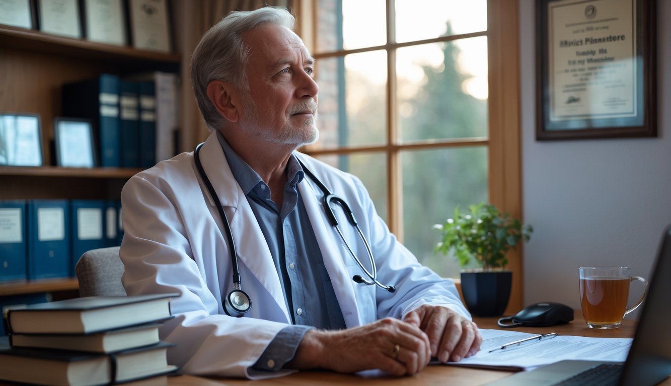 An older male doctor sitting thoughtfully in a home office with a lab coat and stethoscope nearby, looking out a window.