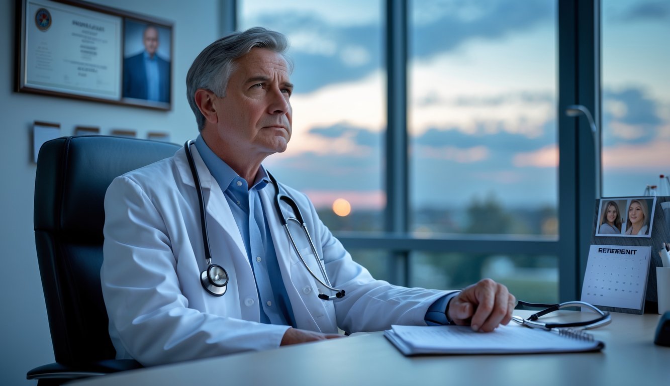 A middle-aged male doctor sitting alone in an office, looking thoughtful and reflective with a white coat on a chair and a stethoscope on the desk.
