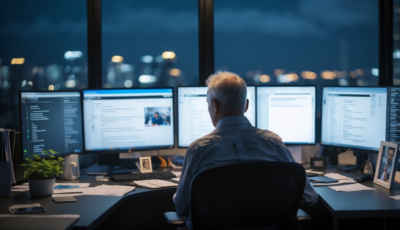 A middle-aged person sitting alone in a dimly lit office at night, surrounded by computer screens, looking tired and thoughtful.