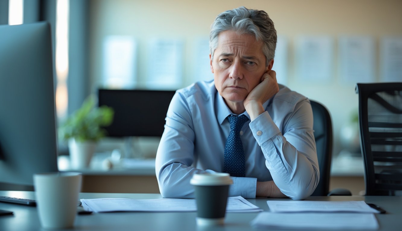 A middle-aged person in business clothes sitting alone at an office desk, looking thoughtful and tired.