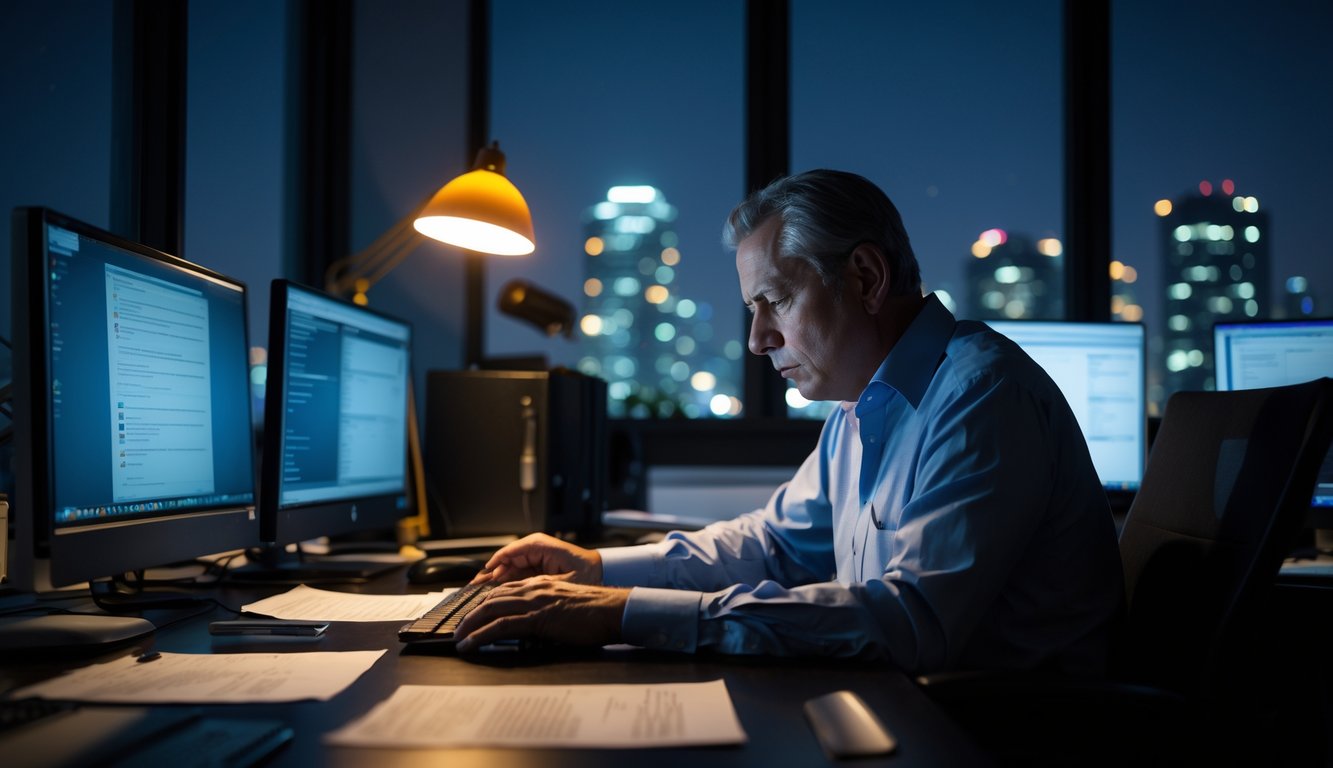 A middle-aged person working alone late at an office desk with multiple screens, looking tired and thoughtful.