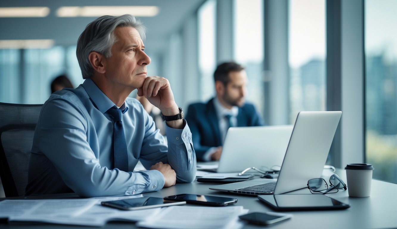 A middle-aged person in business clothes sits alone at an office desk looking thoughtfully out a window, surrounded by work devices and papers.