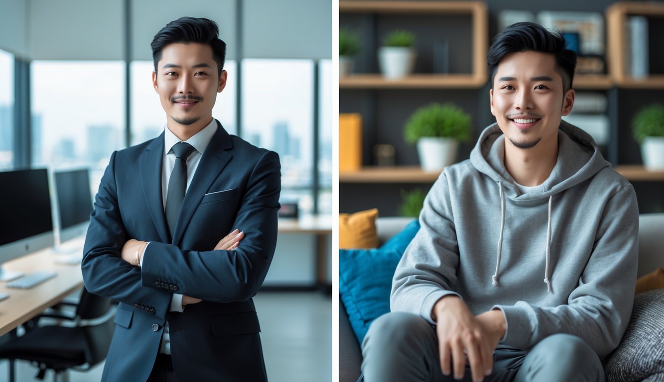 A split image showing the same person dressed formally in an office on one side and casually at home on the other side.
