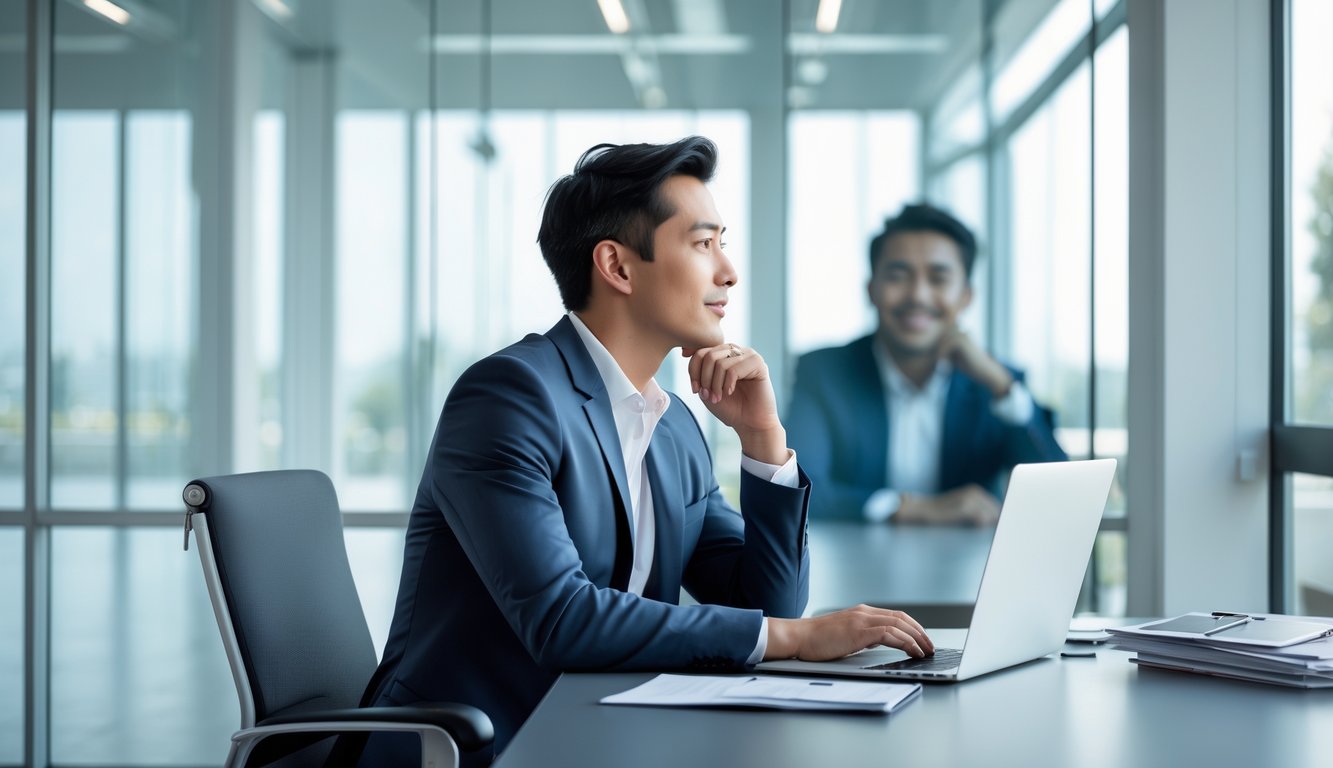 A businessperson in an office looking thoughtfully out a window, with a reflection showing a more casual, relaxed version of themselves.