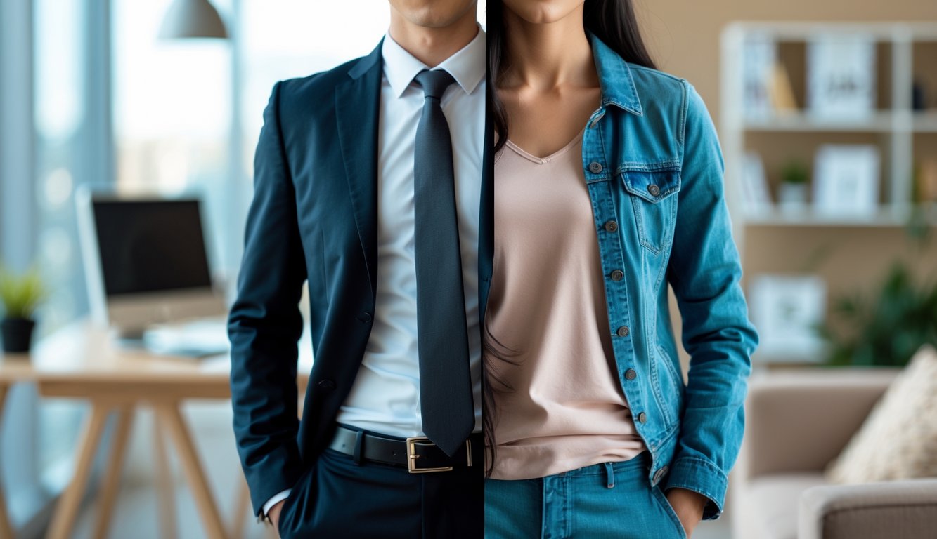 A person shown with one half in business clothes and the other half in casual clothes, standing between an office and a home setting.