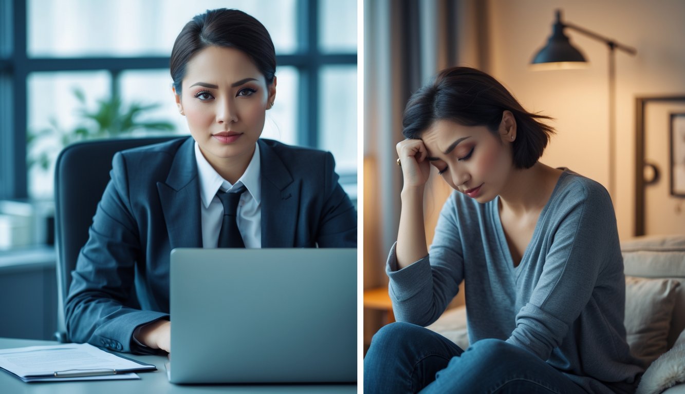 A split scene showing the same person in professional business attire at an office desk and in casual clothes in a relaxed home setting, reflecting contrasting emotions.