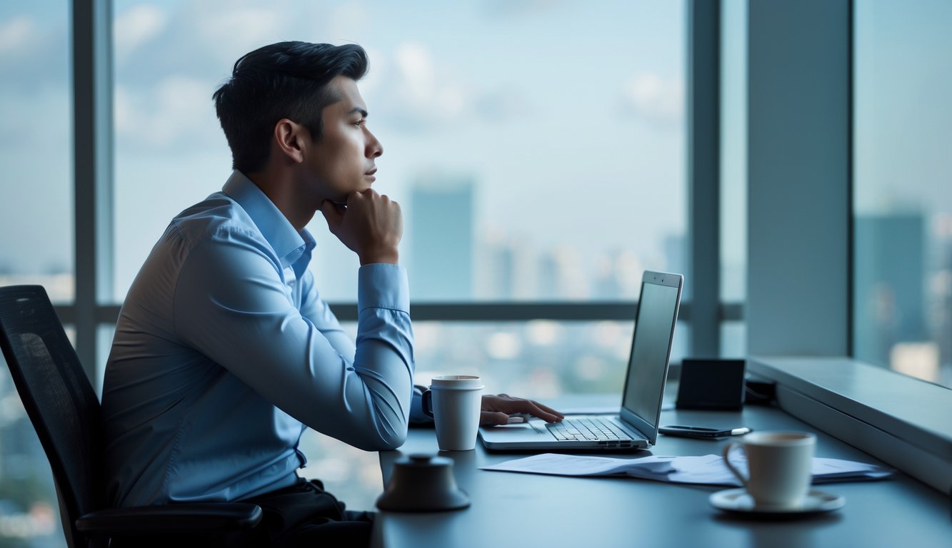 A person sitting alone at an office desk looking thoughtfully out a window with a cityscape in the background.