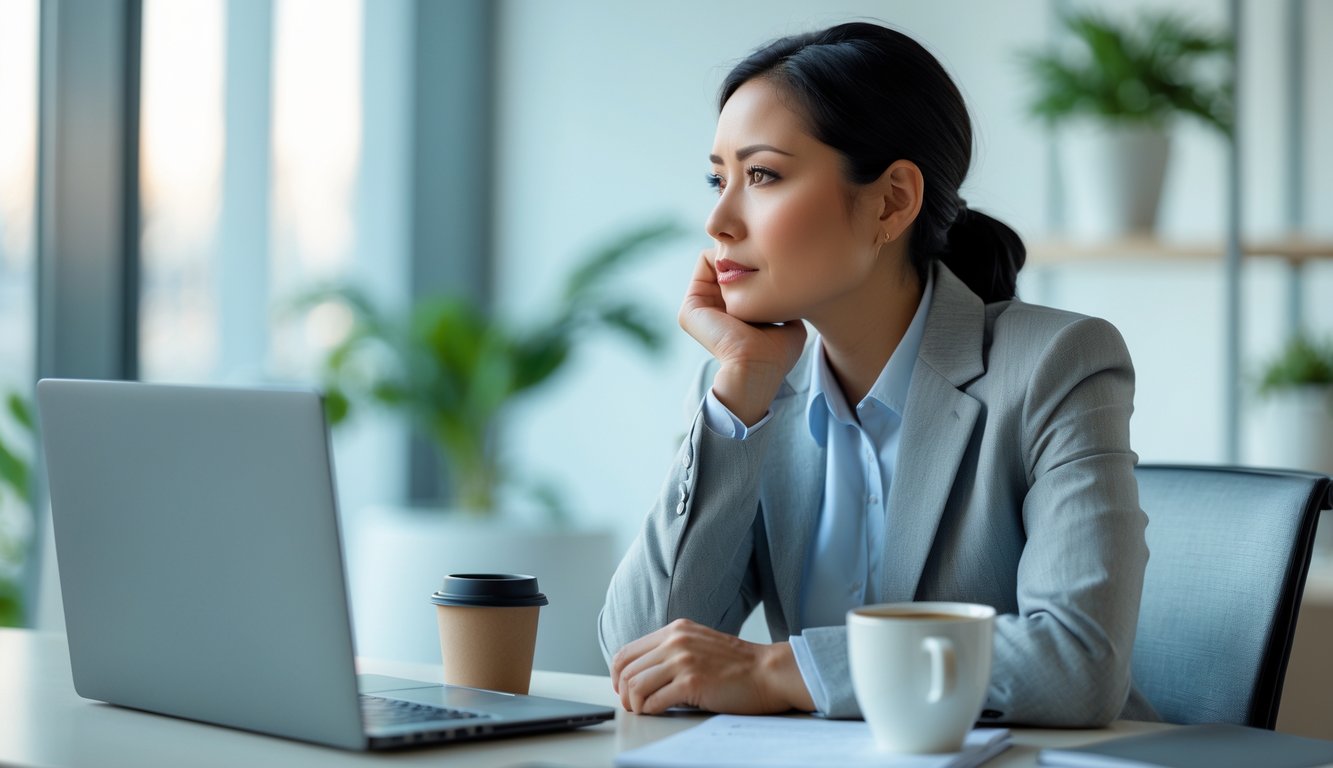 A person sitting alone in an office looking thoughtful and reflective, surrounded by work items like a laptop and notebook.