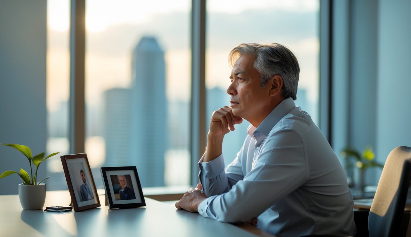 A person sitting alone in an office, looking thoughtfully out of a window.