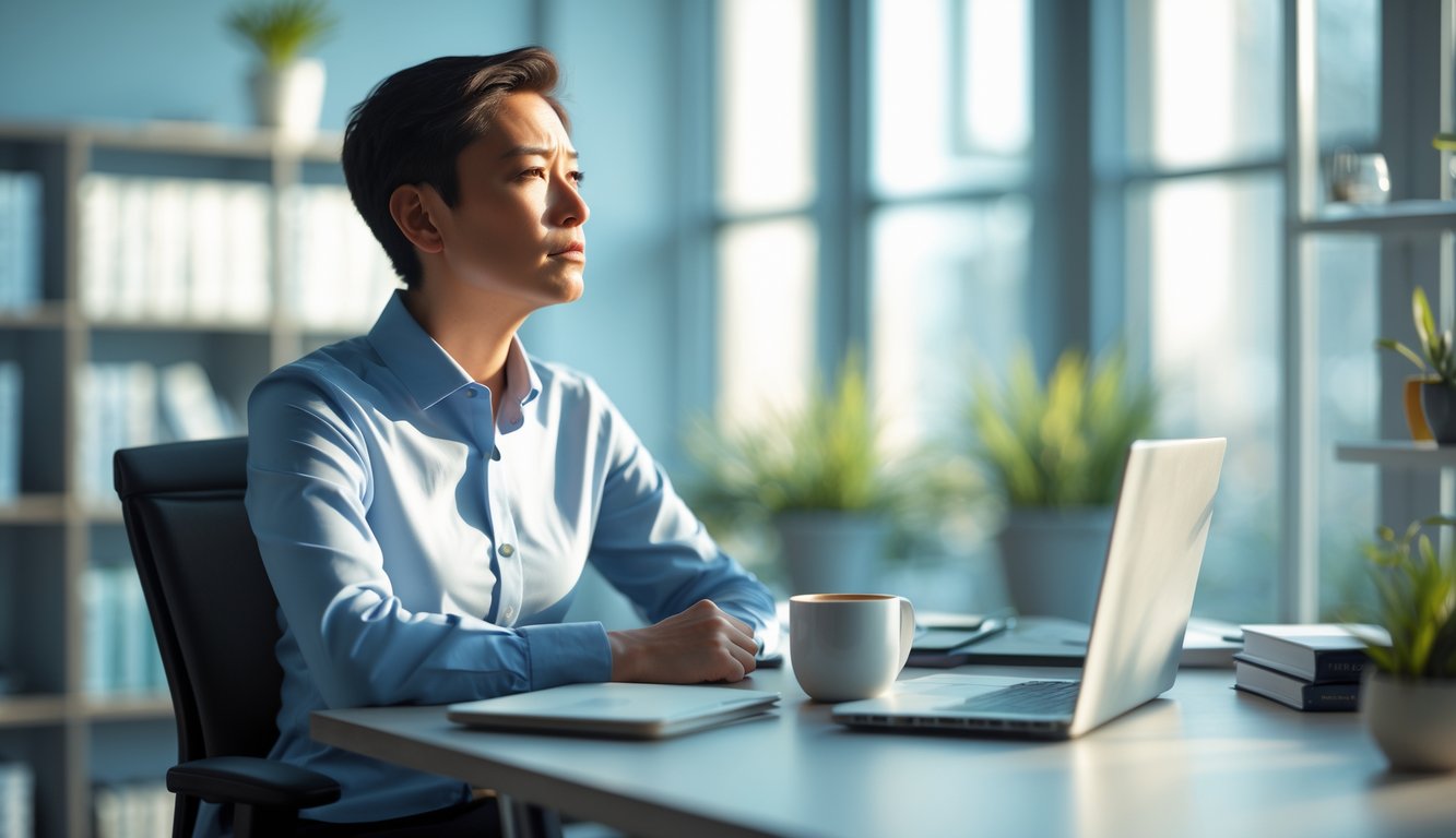 A business professional sitting at a desk in an office, looking thoughtful and reflective.