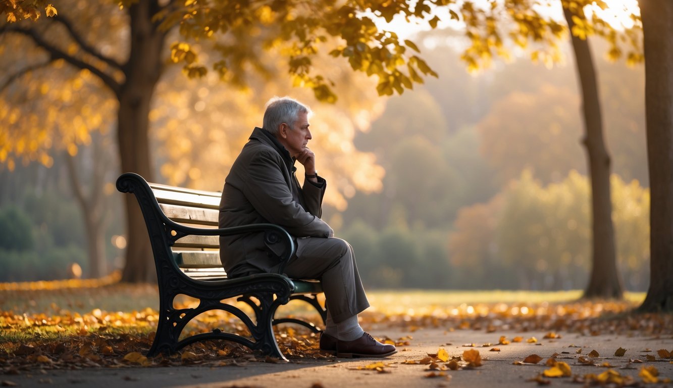 A person sitting alone on a park bench in autumn, looking thoughtfully into the distance surrounded by fallen leaves.