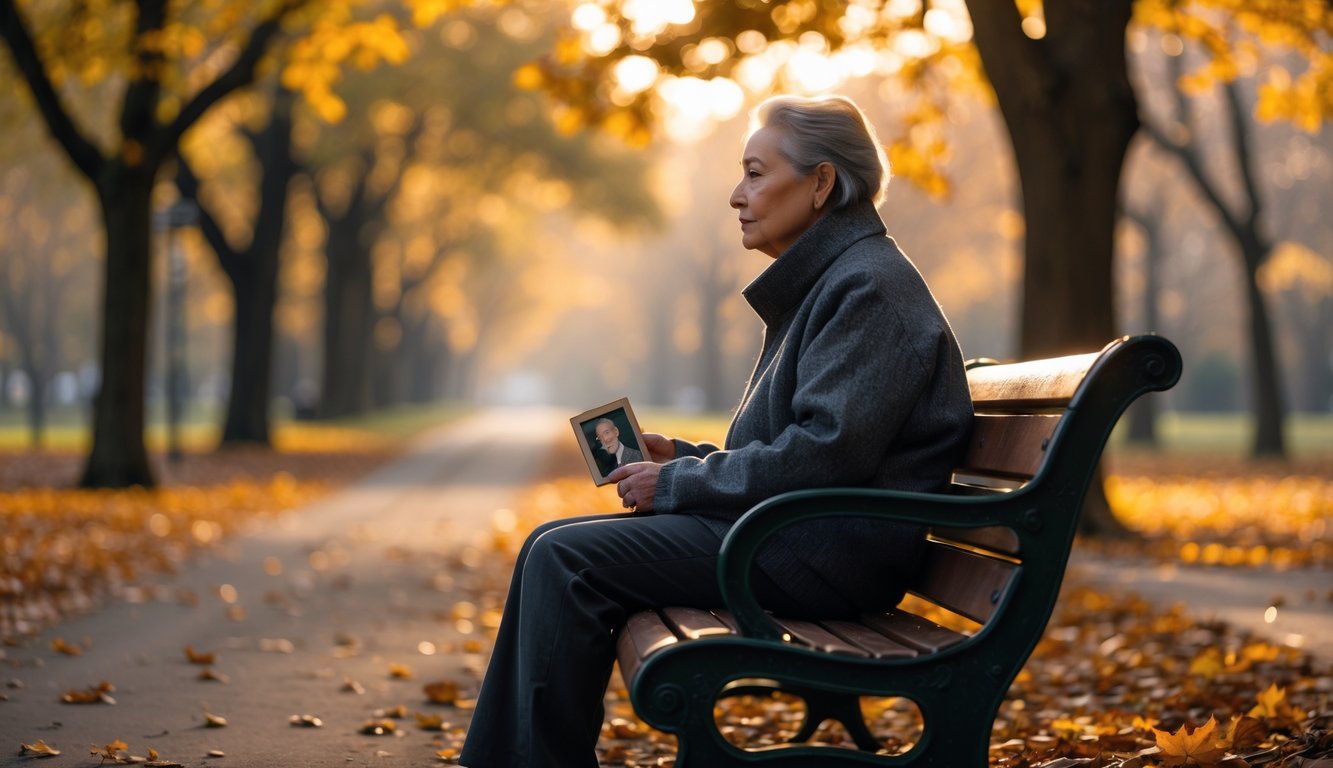 A person sitting alone on a park bench surrounded by fallen autumn leaves, looking thoughtfully into the distance while holding a photograph.