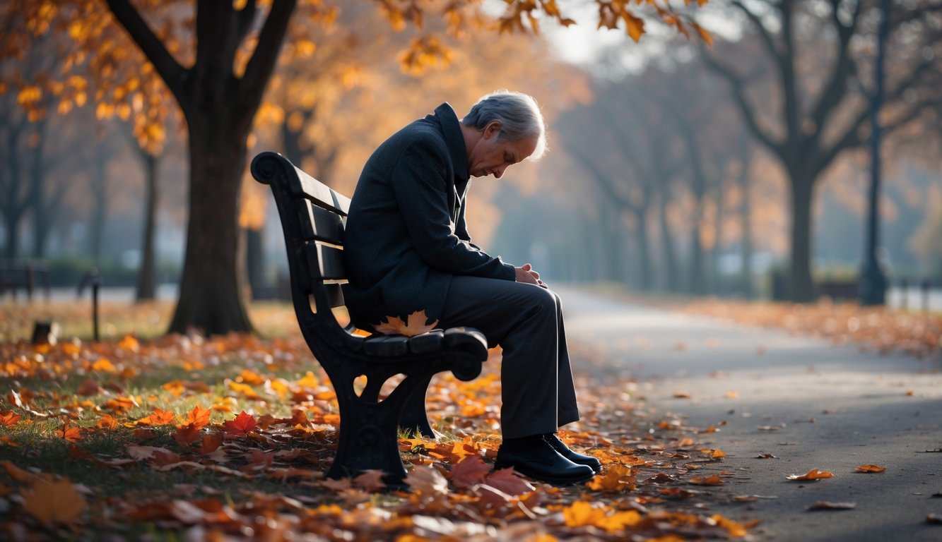 A person sitting alone on a park bench in autumn, looking down thoughtfully with fallen leaves around them.
