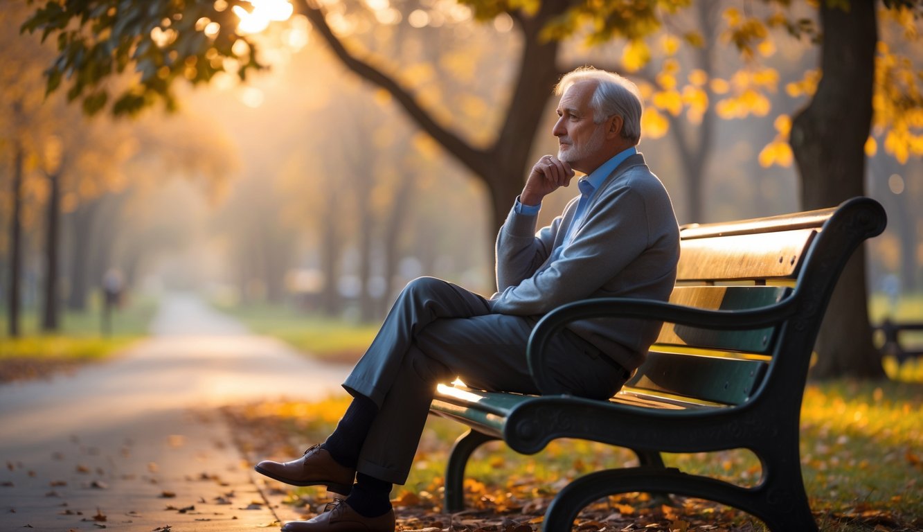 An older adult sitting on a park bench, looking thoughtfully into the distance in a peaceful outdoor setting.