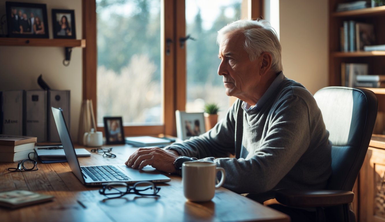 An older adult sitting alone at a desk in a home office, looking thoughtfully out of a window.