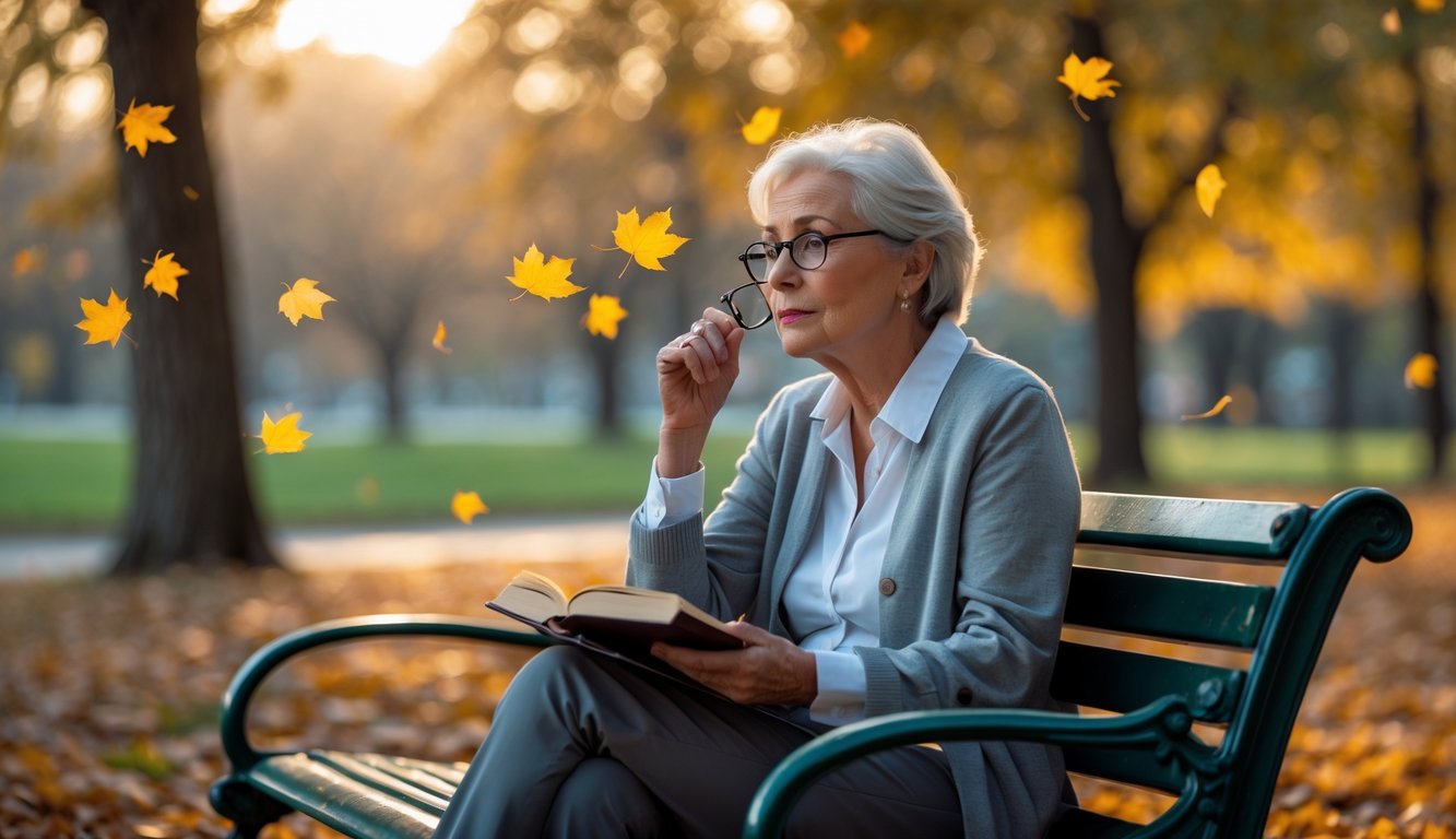 An older person sitting on a park bench looking thoughtful and reflective with autumn leaves falling around them.