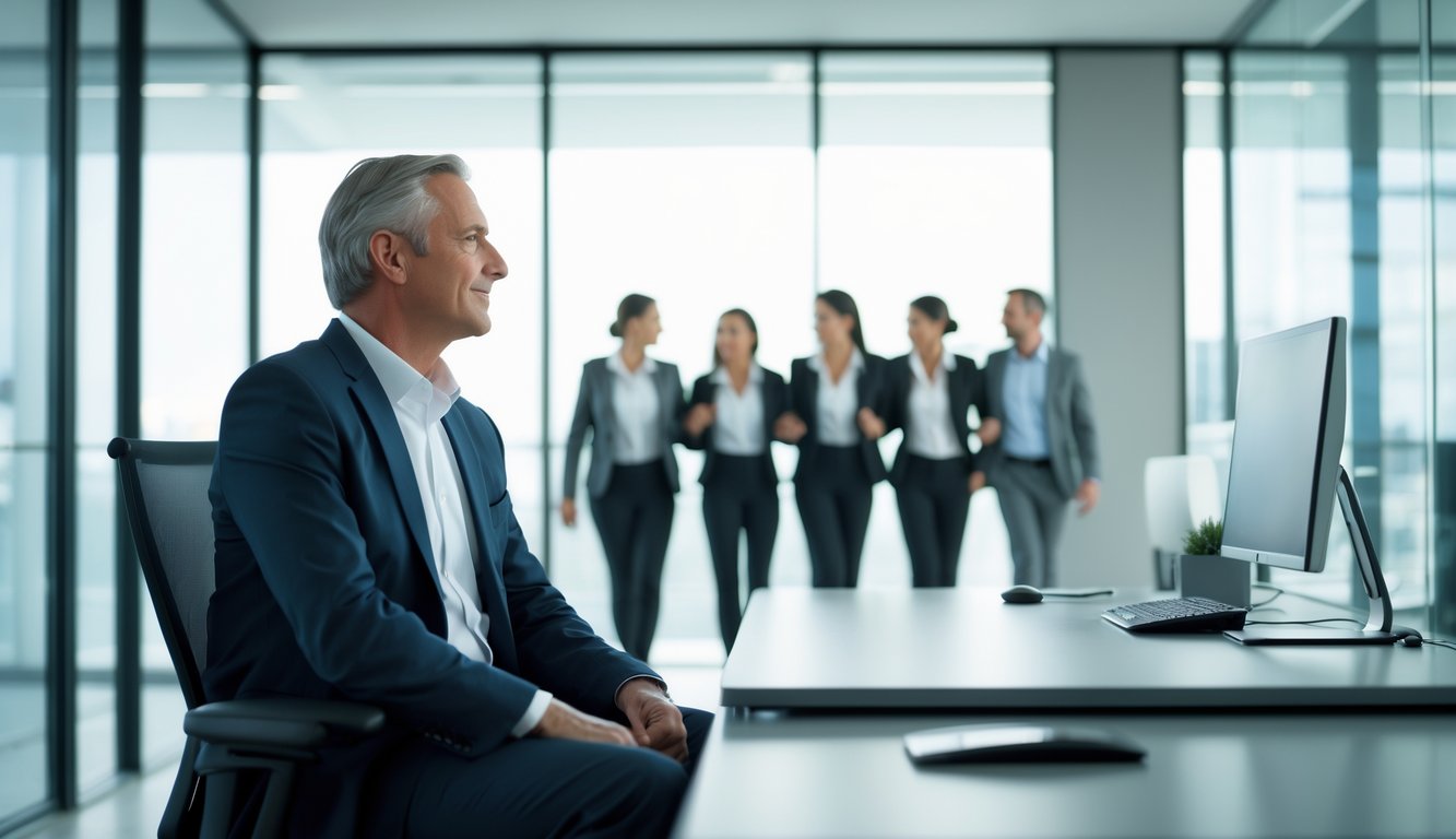 A man in business clothes sits alone at an office desk looking out a window while a group of colleagues walk away together in the background.