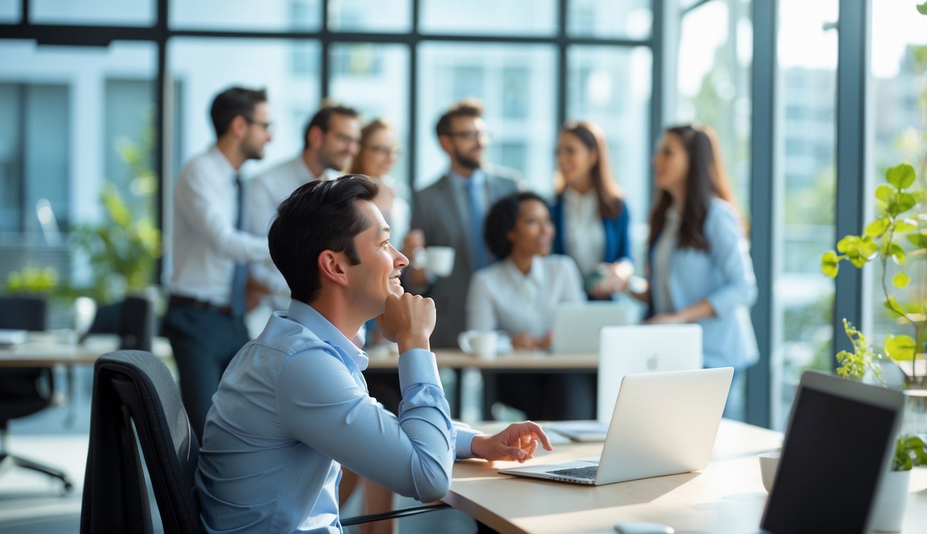 A person looking thoughtfully out of a window in an office while colleagues talk together in the background.
