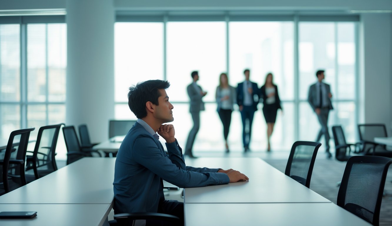 A person sitting alone at an office desk looking thoughtfully out of a window while a group of colleagues walks away together in the background.