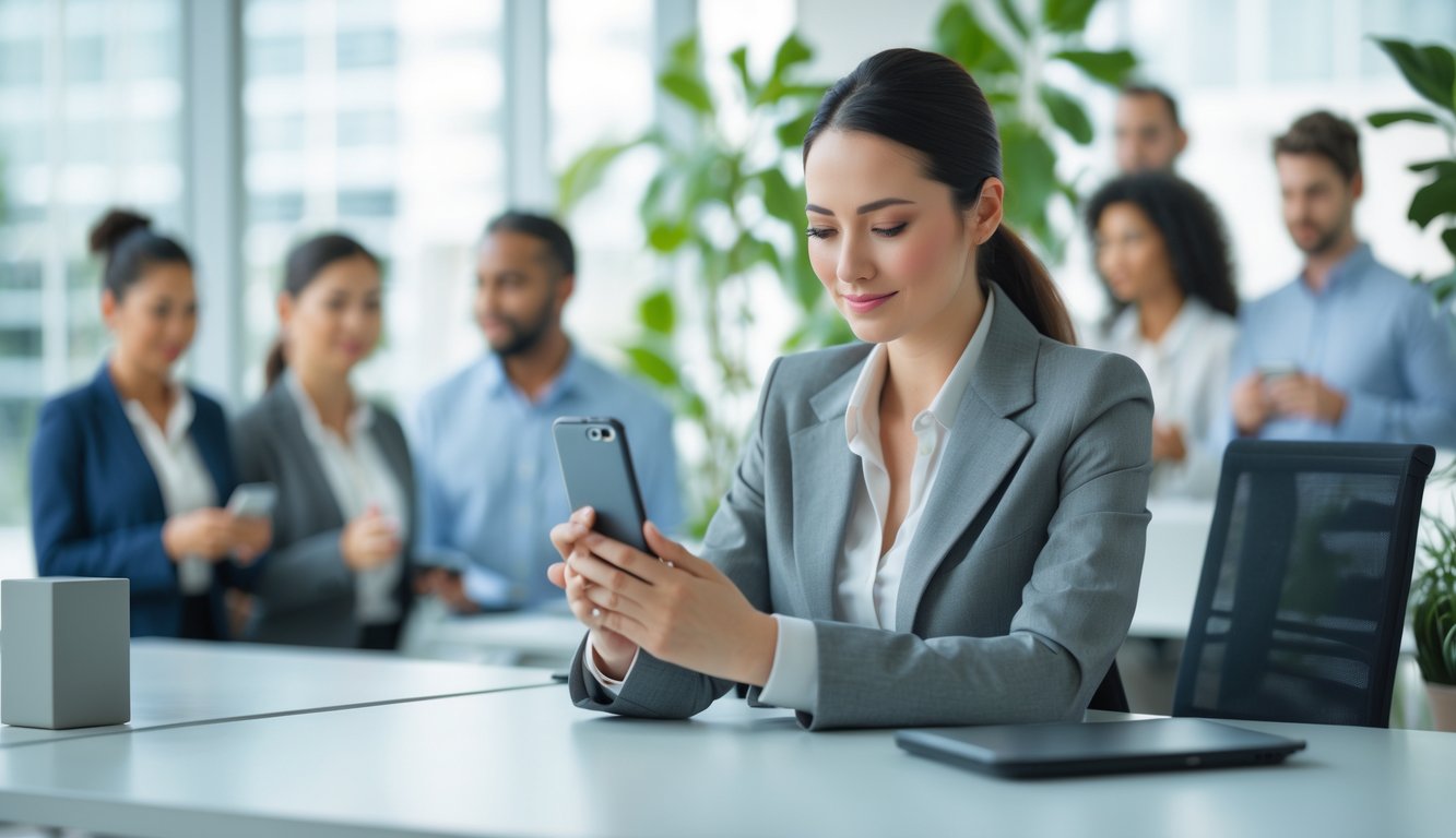 A businesswoman sitting alone at a desk looking thoughtfully at her smartphone with blurred figures of colleagues talking in the background.