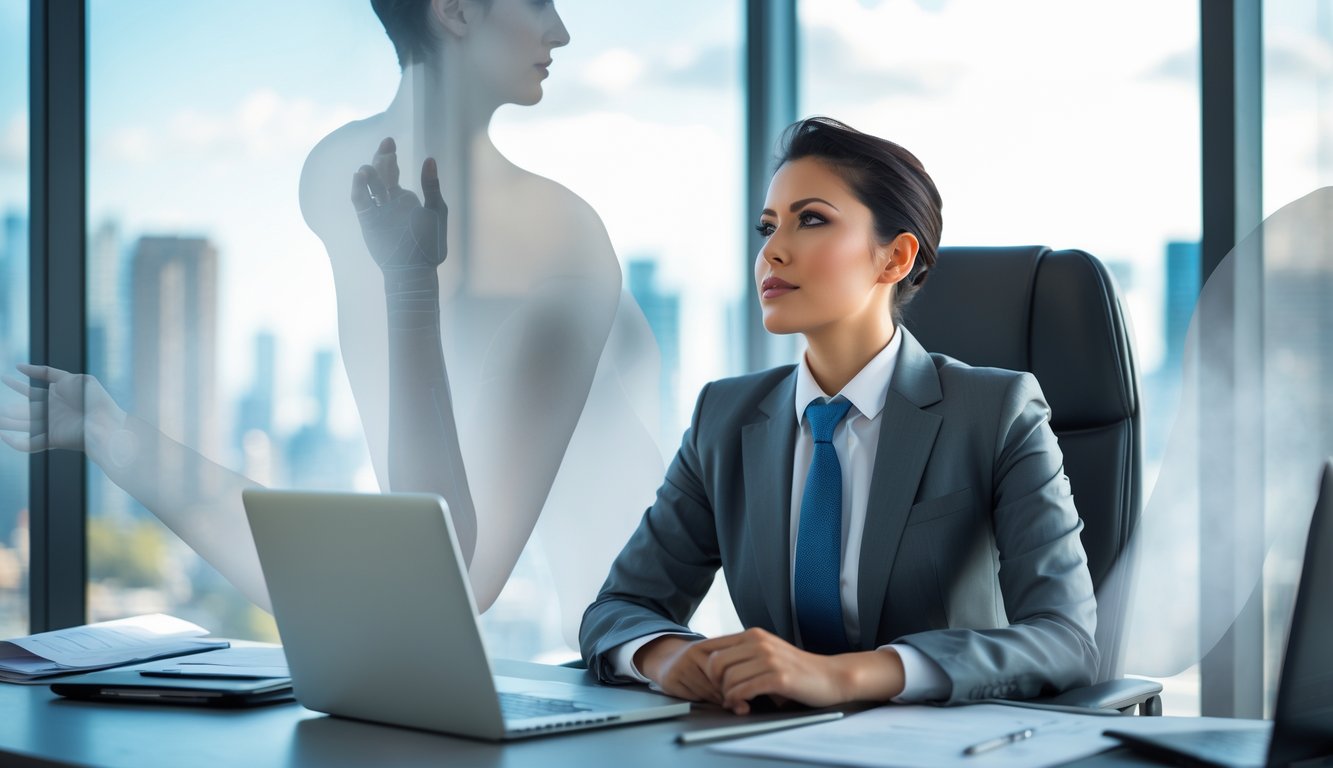A businessperson sitting at a desk in an office, looking thoughtful, with faint ghostly outlines of a missing arm around them.