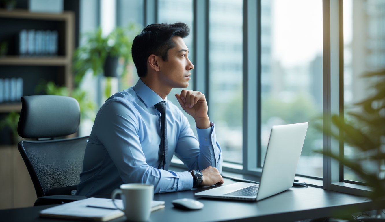 A businessperson sitting at a desk in an office, looking thoughtfully out of a window.