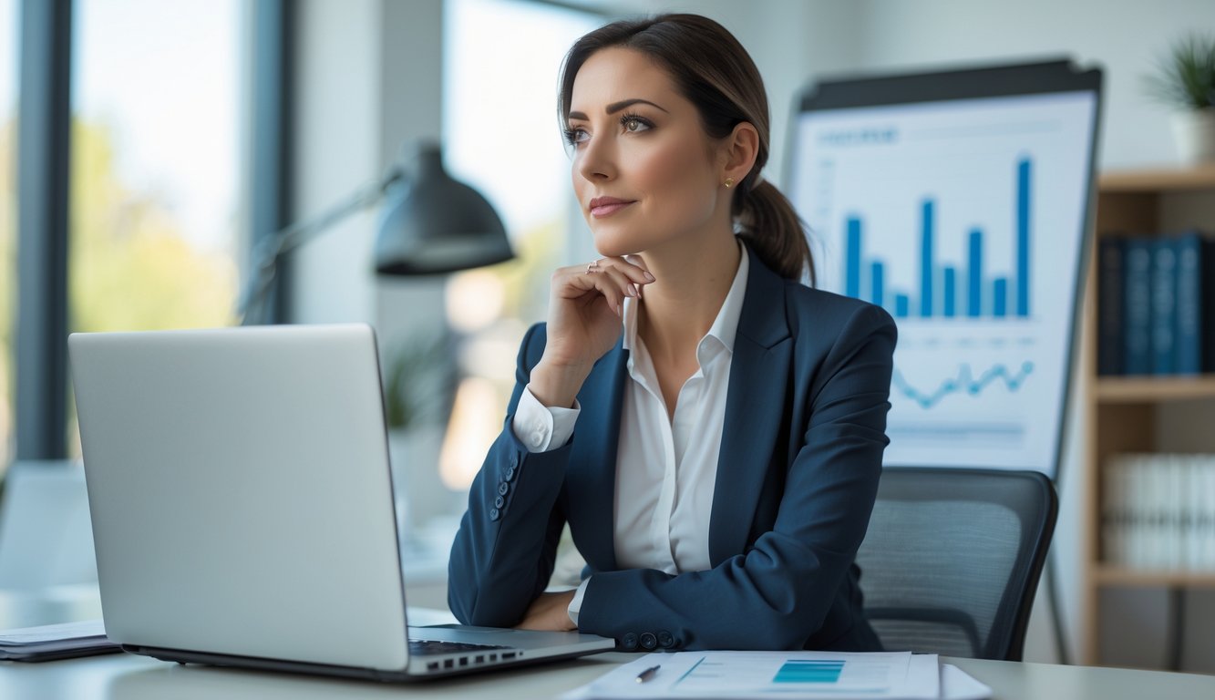 A businesswoman sitting at a desk in an office, looking thoughtful and reflective.