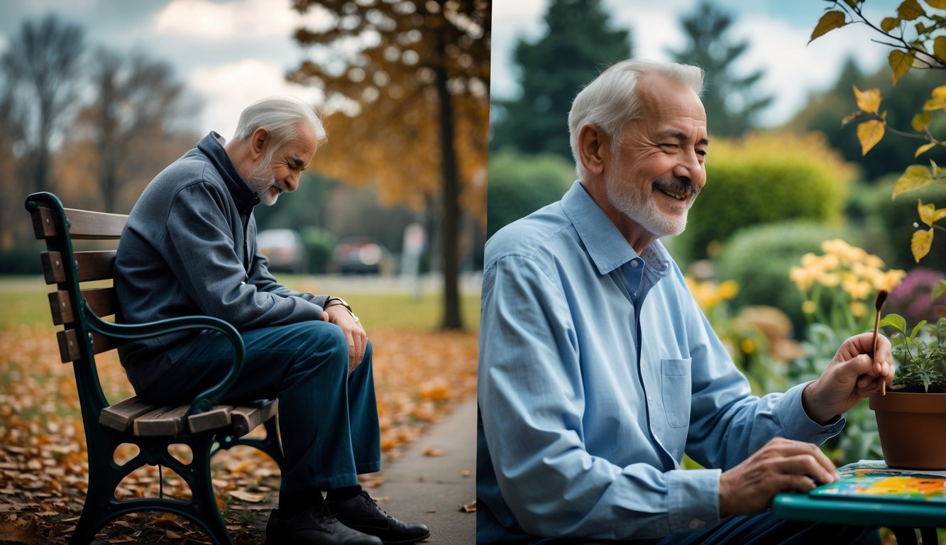 An older man sitting alone on a park bench looking downcast on one side, and the same man smiling while gardening on the other side.