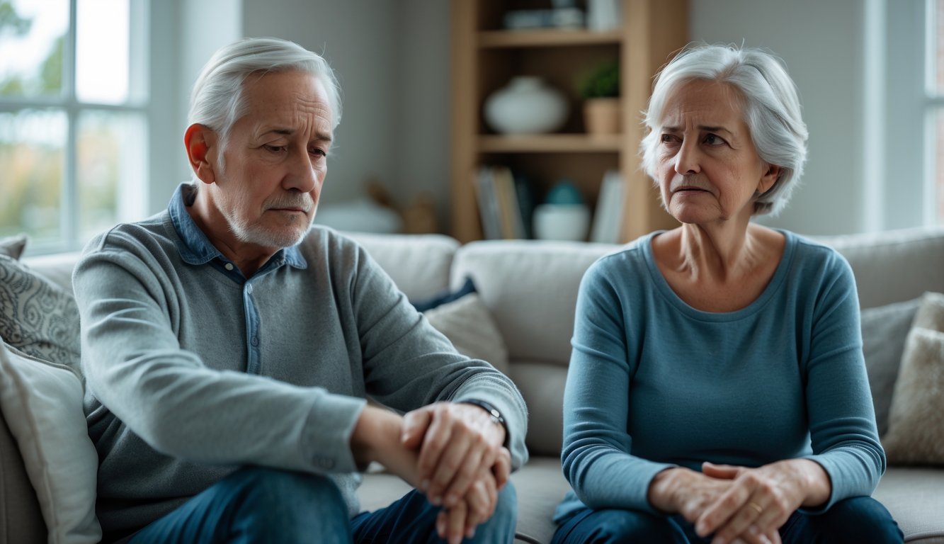 An older man and woman sitting thoughtfully in a living room, showing different emotional expressions related to retirement.