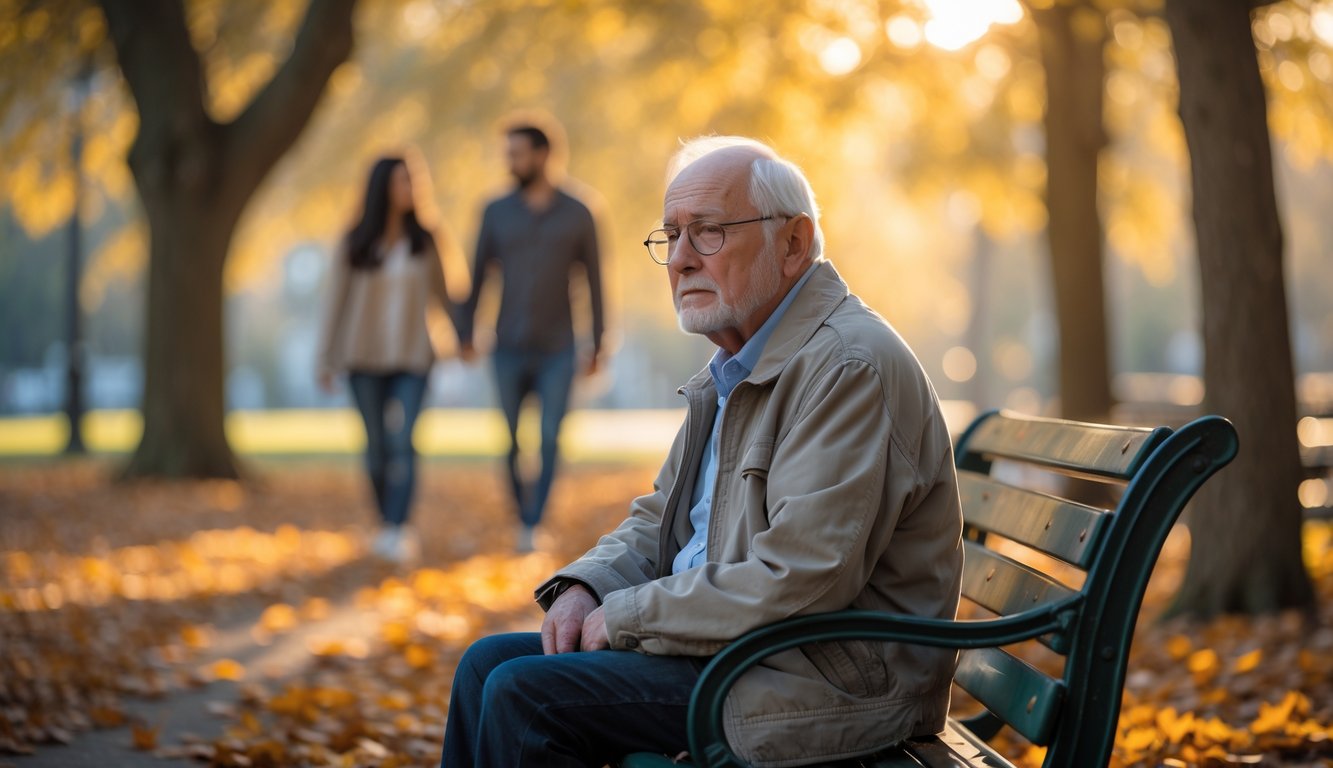 An elderly man sitting alone on a park bench surrounded by autumn leaves, looking thoughtful and somewhat sad.