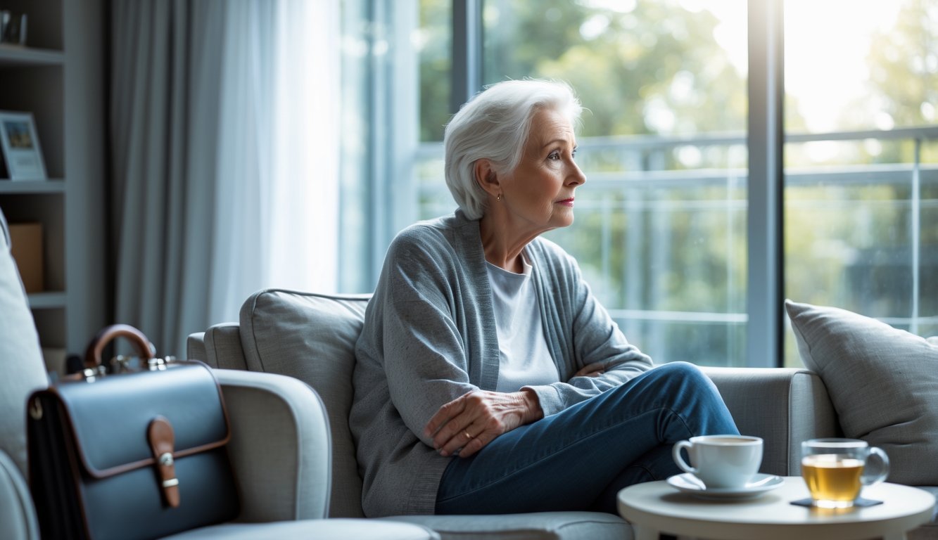 An older adult sitting alone in a living room, looking thoughtful while gazing out a window with soft natural light.