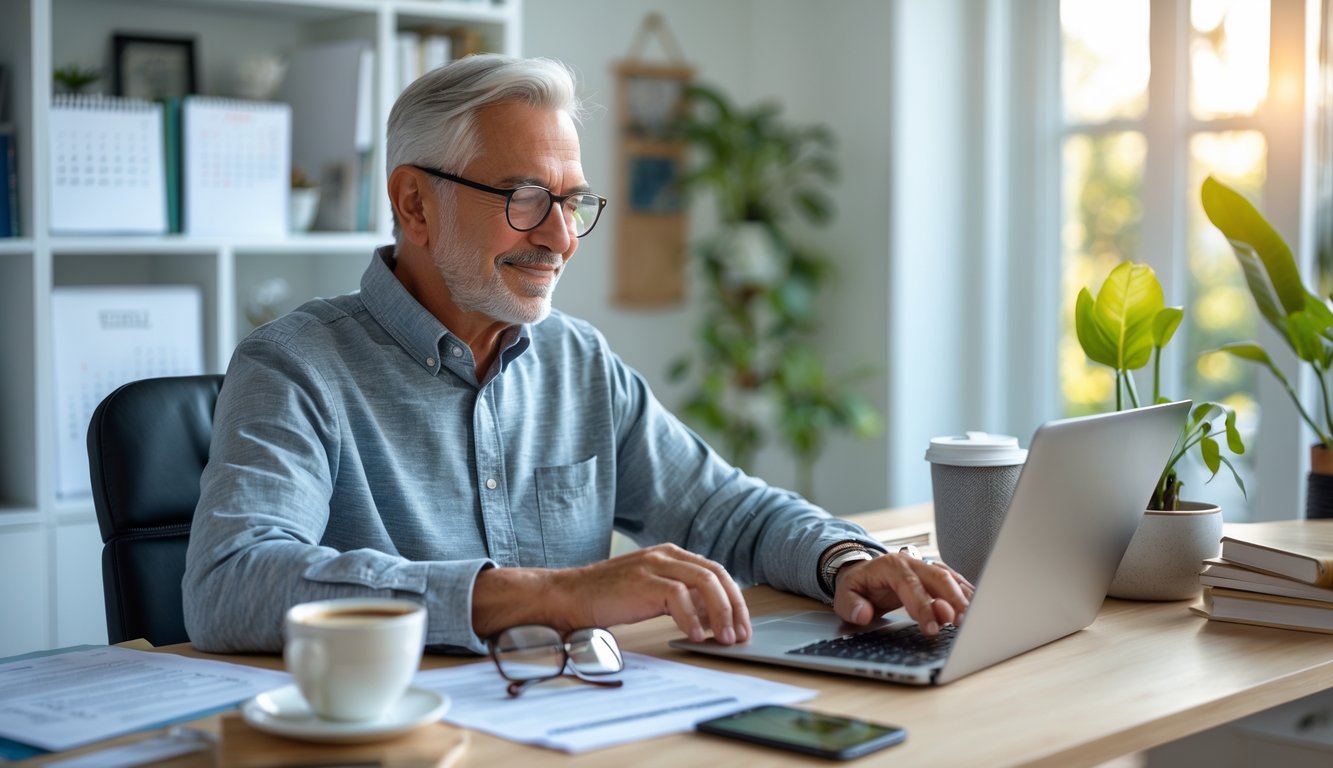 A mature person sitting at a desk in a bright home office, reviewing documents and using a laptop surrounded by planning materials.