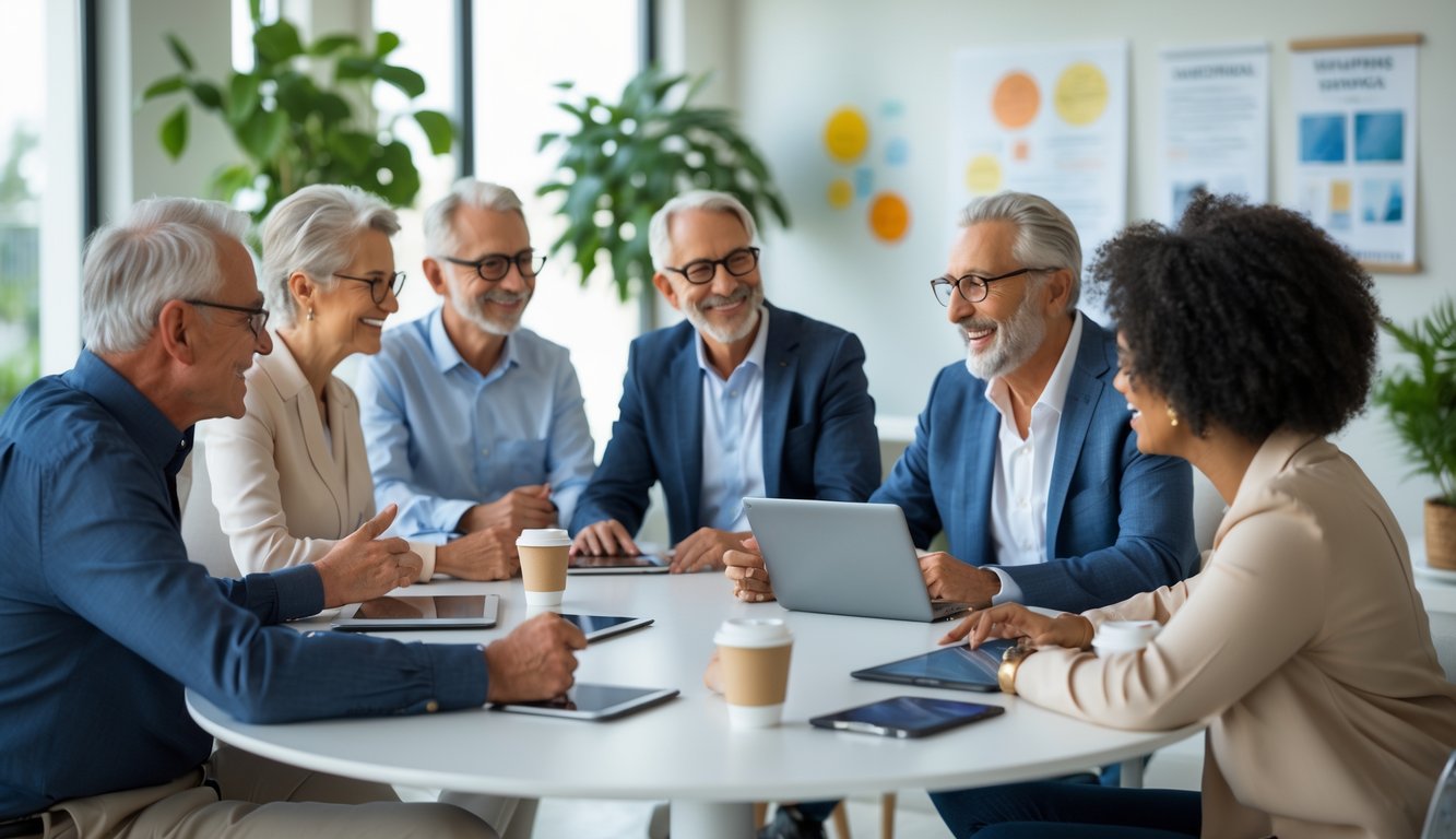 A group of mature adults sitting around a table in a bright room, engaged in a positive discussion about personal growth.