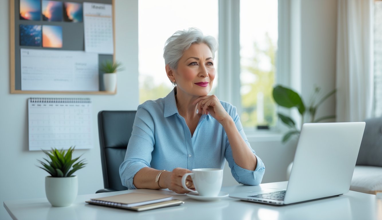 A mature person sitting at a desk in a bright home office, planning their retirement with a laptop and notebook.