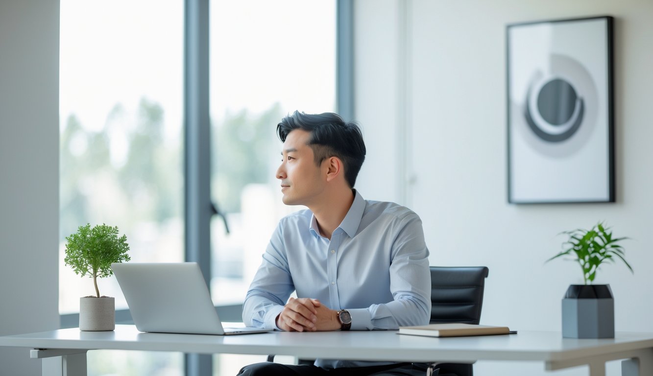A person sitting at a desk in an office, looking thoughtfully out of a window with natural light.
