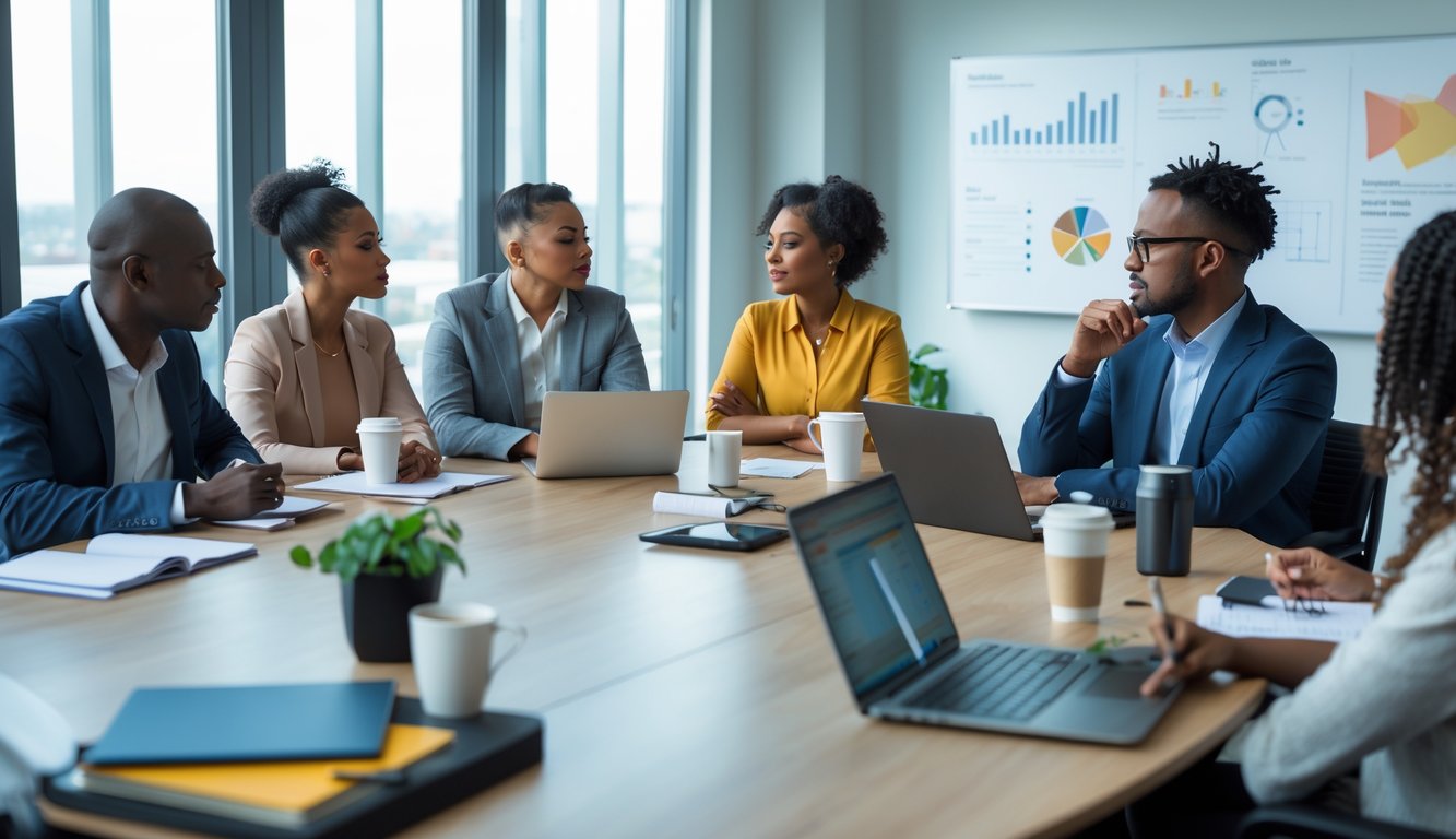 A diverse group of people sitting around a table in an office, engaged in thoughtful discussion and reflection.