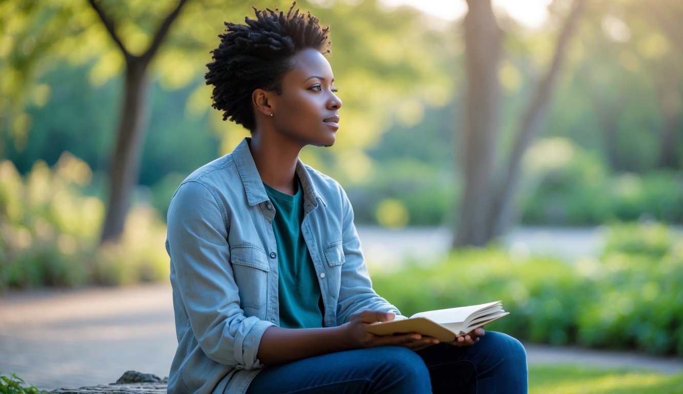 A person sitting outdoors in a park, looking thoughtful and reflective, surrounded by greenery.