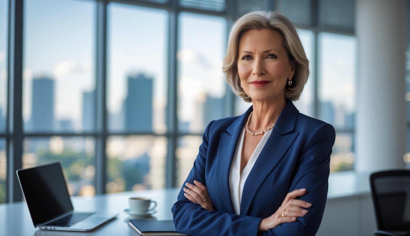 A confident mature businesswoman standing in a modern office with a city skyline visible through large windows.