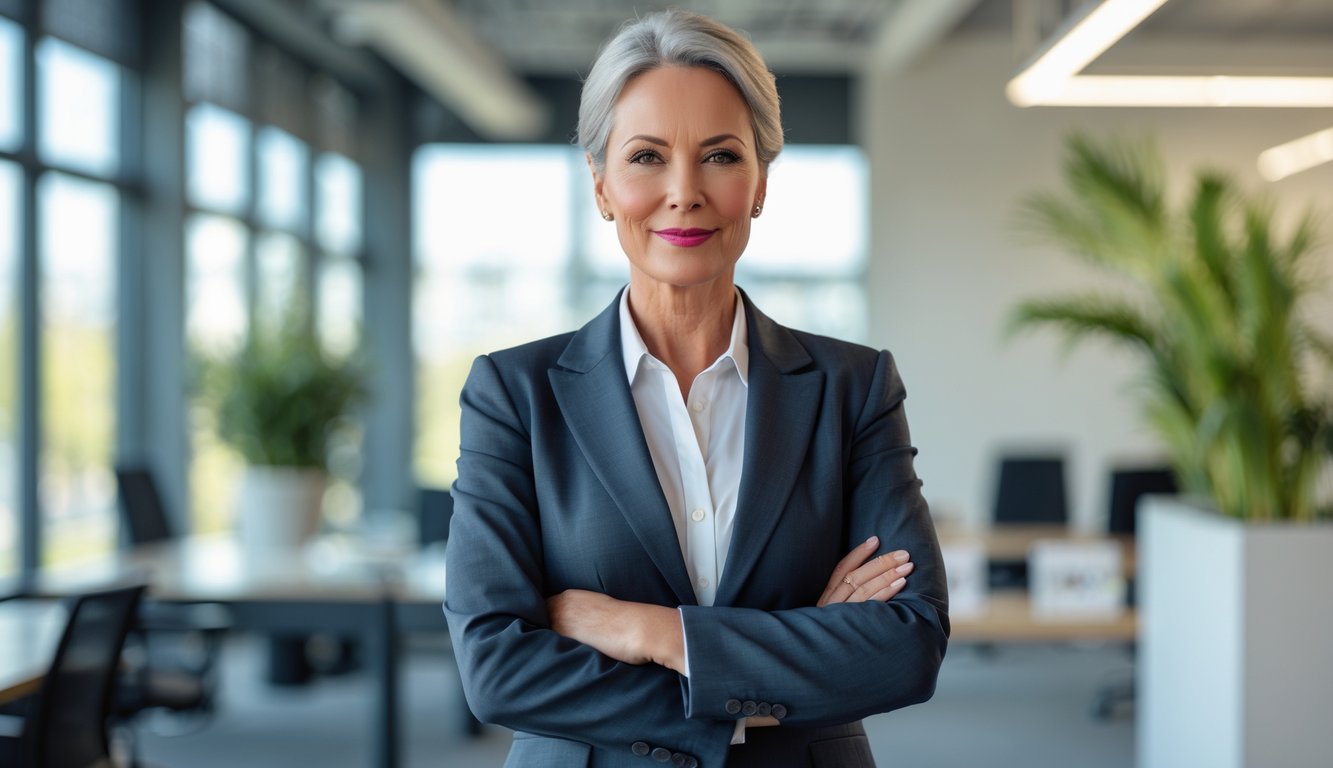 A confident middle-aged professional standing in a modern office with natural light and plants.