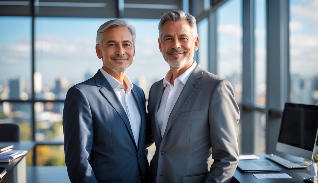 A middle-aged man and woman standing together in an office with a city view, smiling confidently.