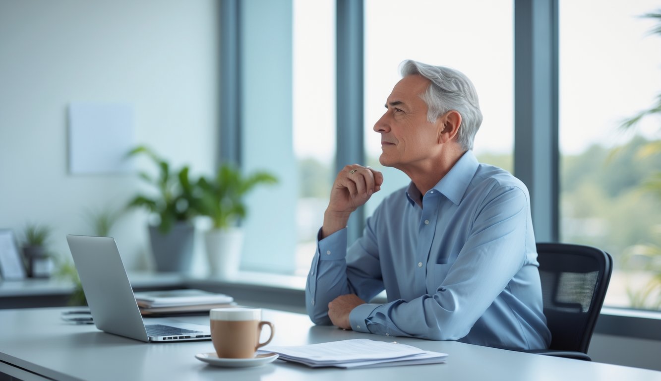 A mature person sitting at an office desk, looking thoughtfully out a window with natural light, surrounded by a clean workspace.