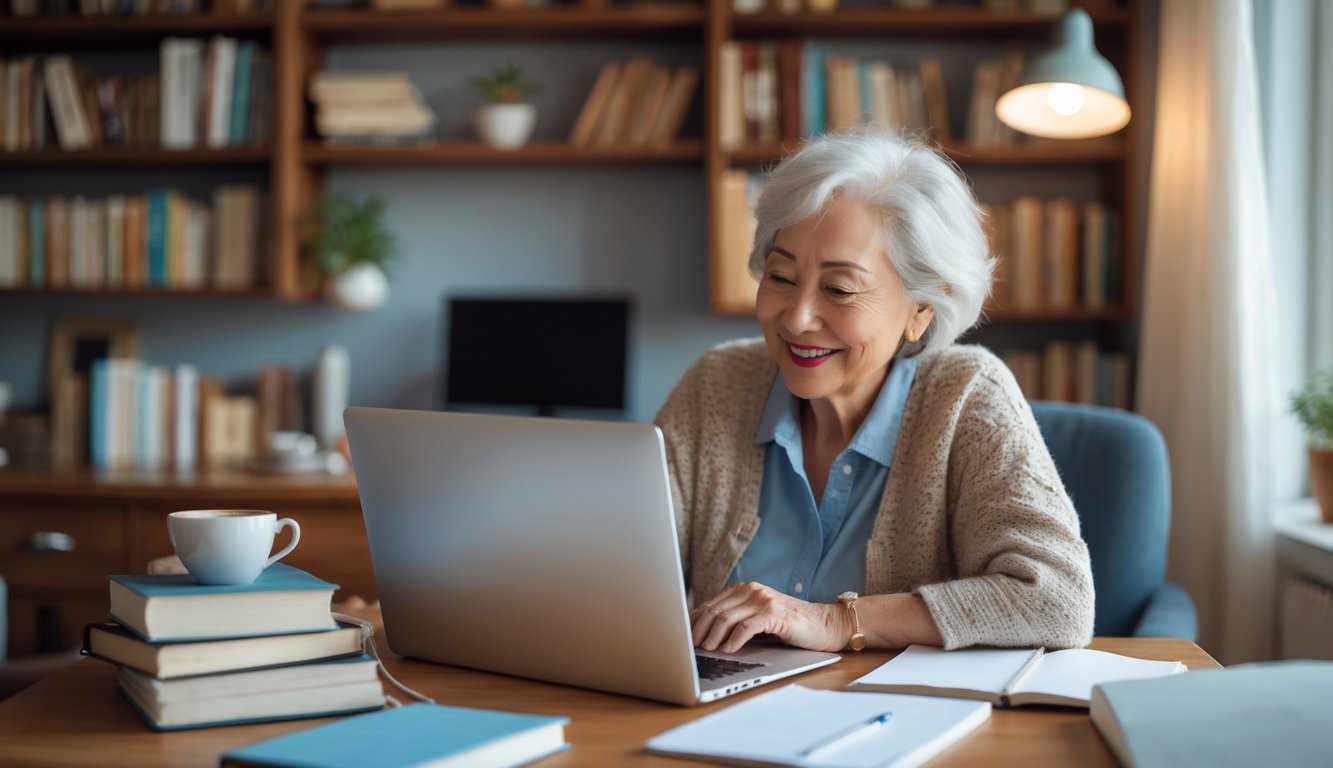 An older adult smiling and using a laptop in a cozy home office surrounded by books and natural light.