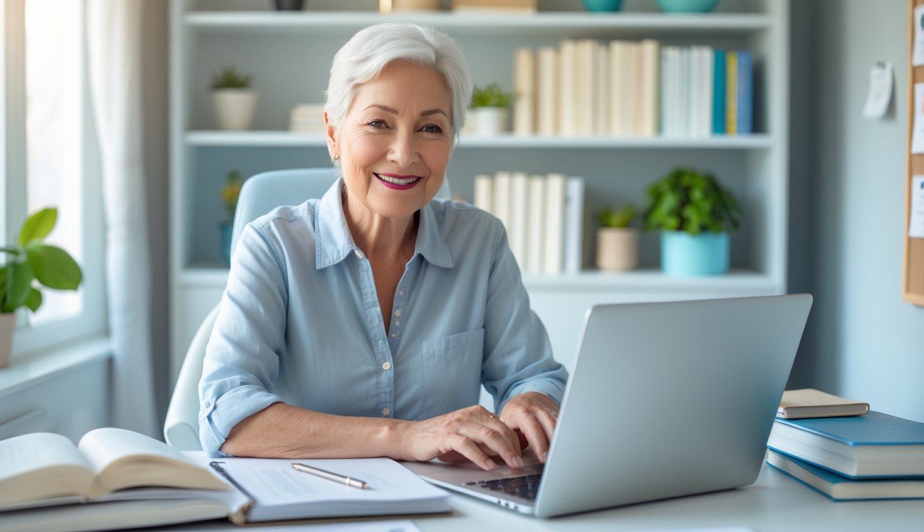 An older adult sitting at a desk with a laptop and books, smiling thoughtfully while studying in a bright room.