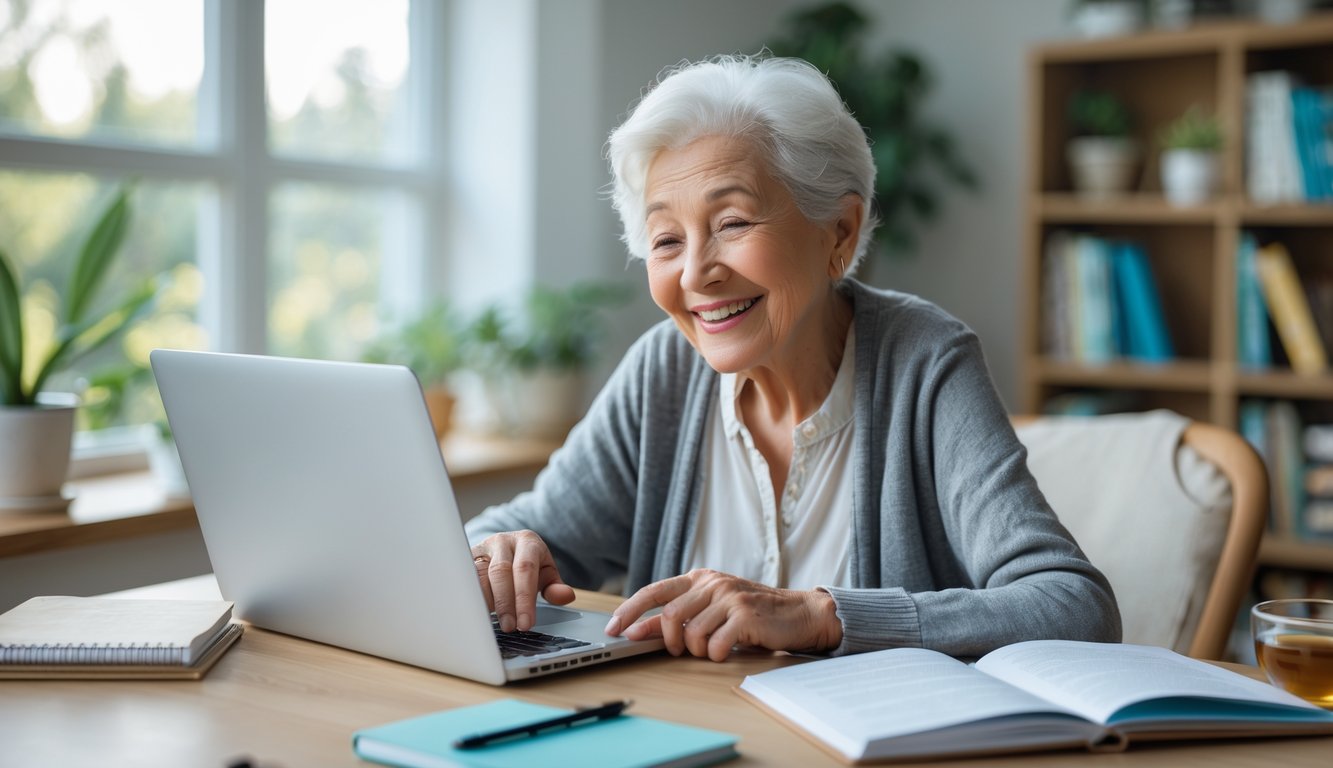 An elderly person happily learning at home using a laptop in a bright, cozy study area.