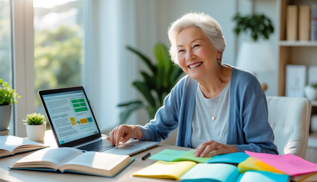 An older adult sitting at a desk in a bright room, studying with books and a laptop, looking focused and happy.