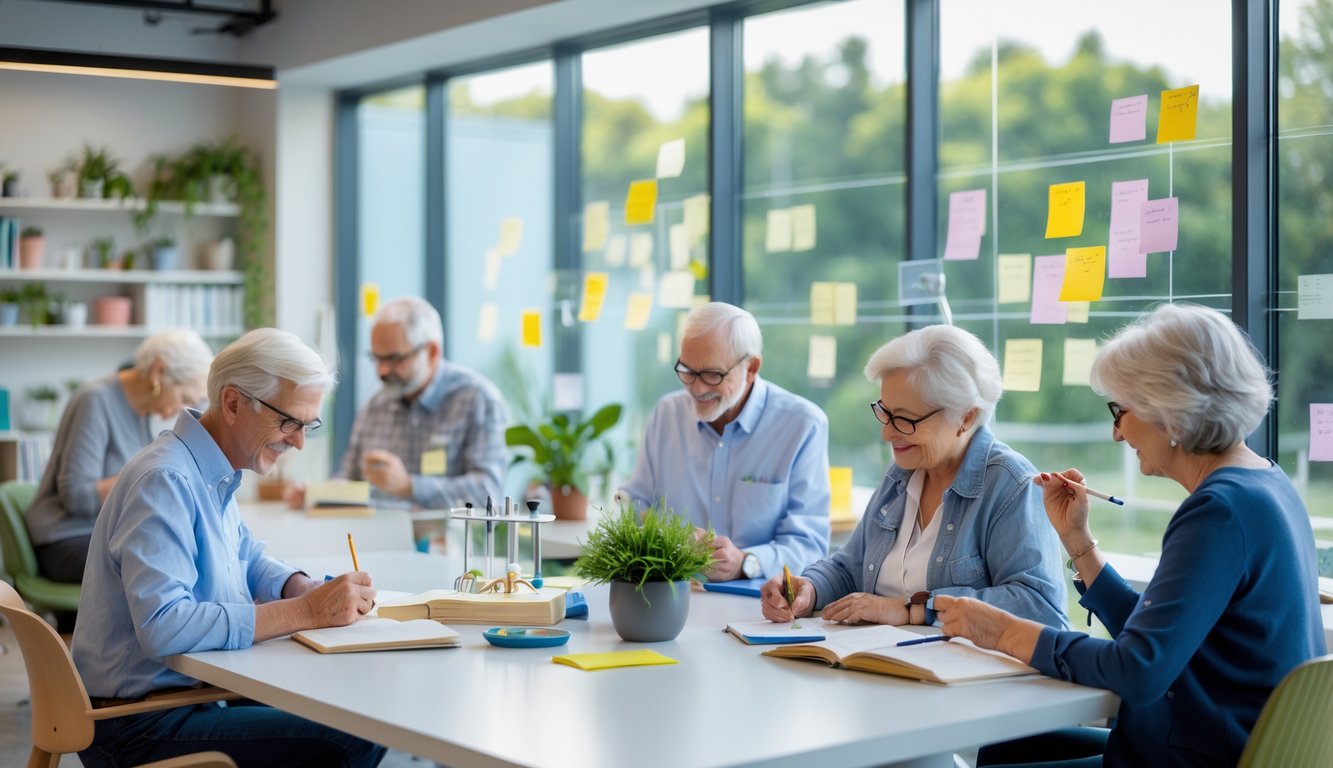 A group of older adults engaged in creative and thoughtful activities together in a bright, modern workspace filled with natural light.